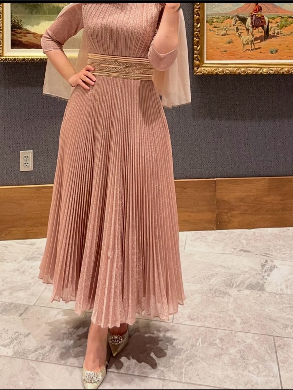 Mac Duggal Dusty Blush Pleated Midi Dress with Embellished Waist